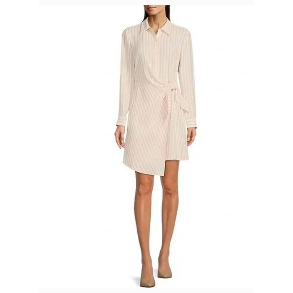 Alex Marie Womens Striped Wrap Shirt Dress Size 6 Pink & White Long Sleeve Polye